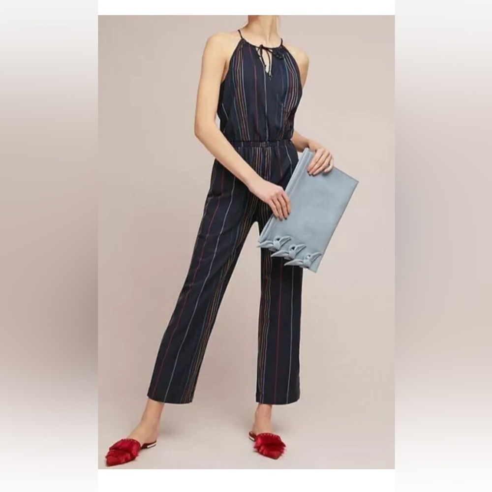 Dolan Anthropologie rainbow stripe jumpsuit medium blue crop faux wrap colorful